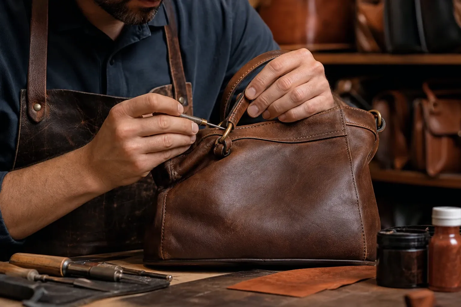 Profissional reformando uma bolsa de couro em São Caetano do Sul.