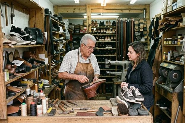 Sapateiro atendendo um cliente em São Caetano do Sul, apresentando serviços.