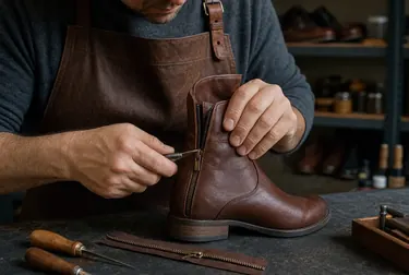 Sapateiro consertando o zíper de uma bota em São Caetano do Sul.